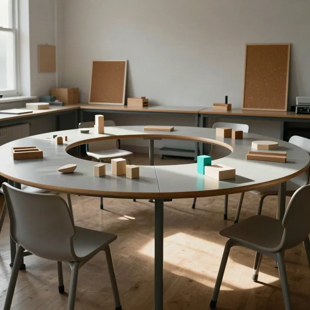Aula-laboratorio con banchi modulari in cerchio e blocchi didattici, luce mattutina.