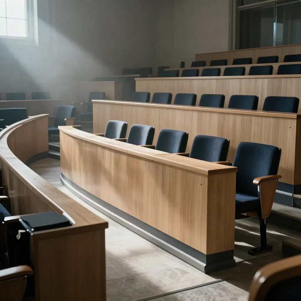 Sala consiliare vuota al mattino, sedute curve in legno chiaro e luce di nebbia sul pavimento.