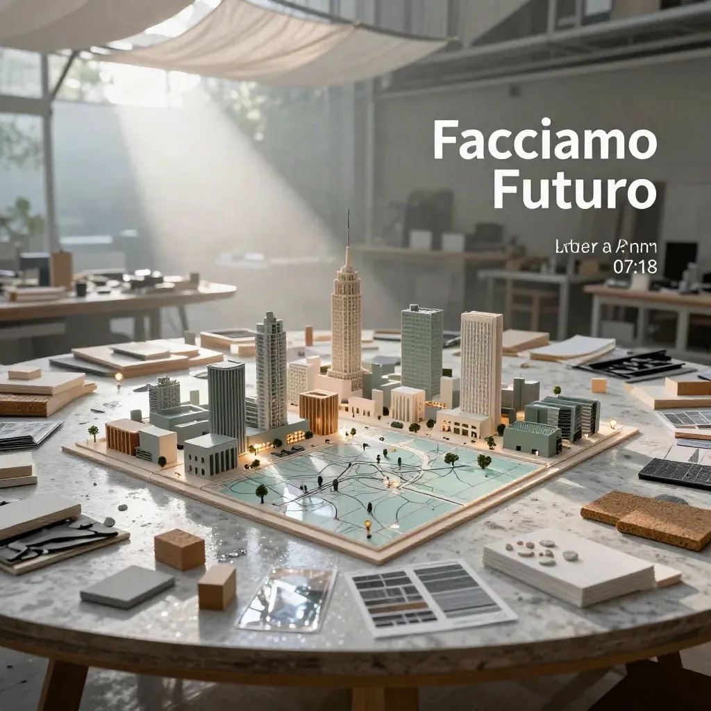 Tavolo da workshop con maquette urbana, acetati e materiali in un atrio luminoso dopo la pioggia.