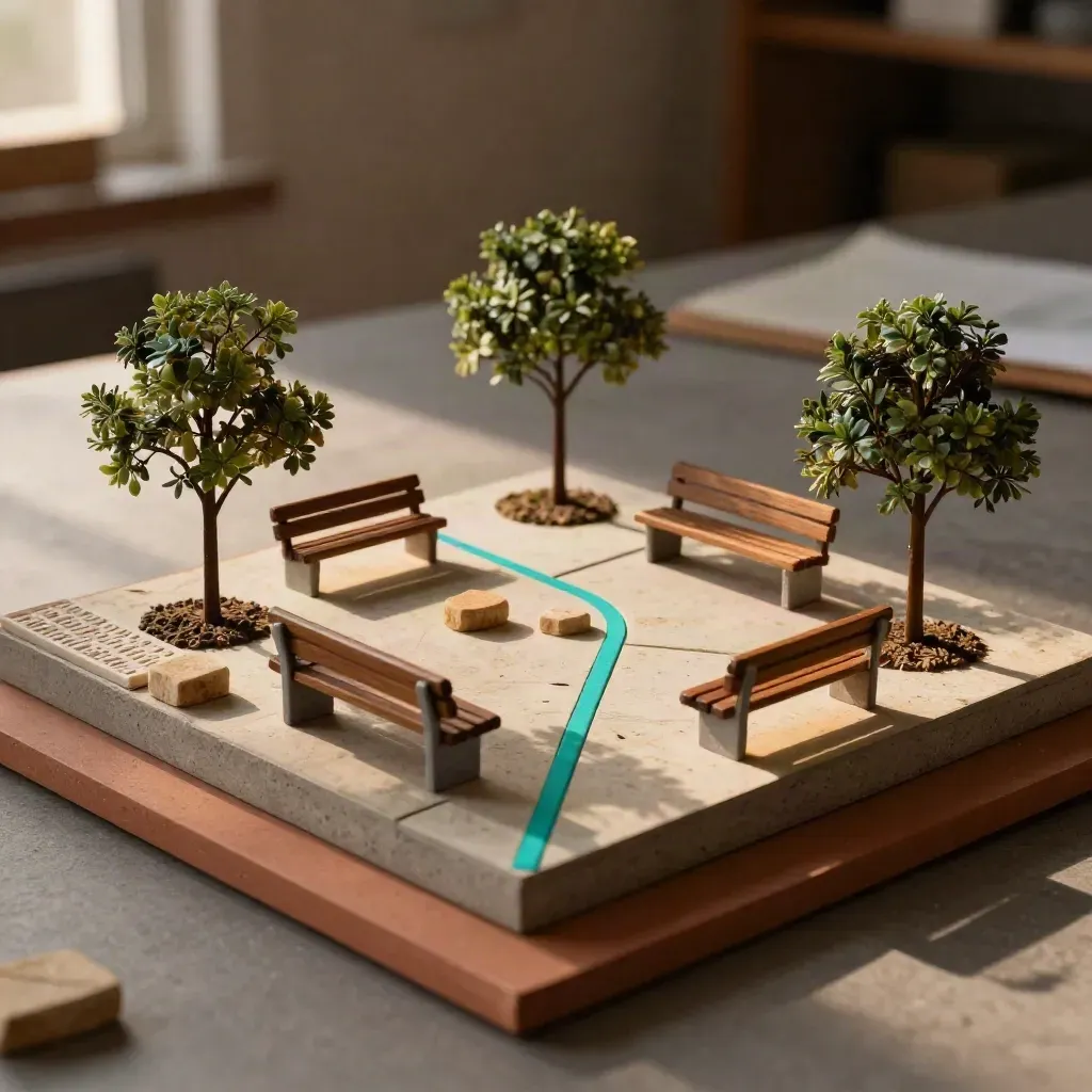 Maquette di uno spazio pubblico con panchine, alberelli, pavimentazione tattile e campioni di pietra.