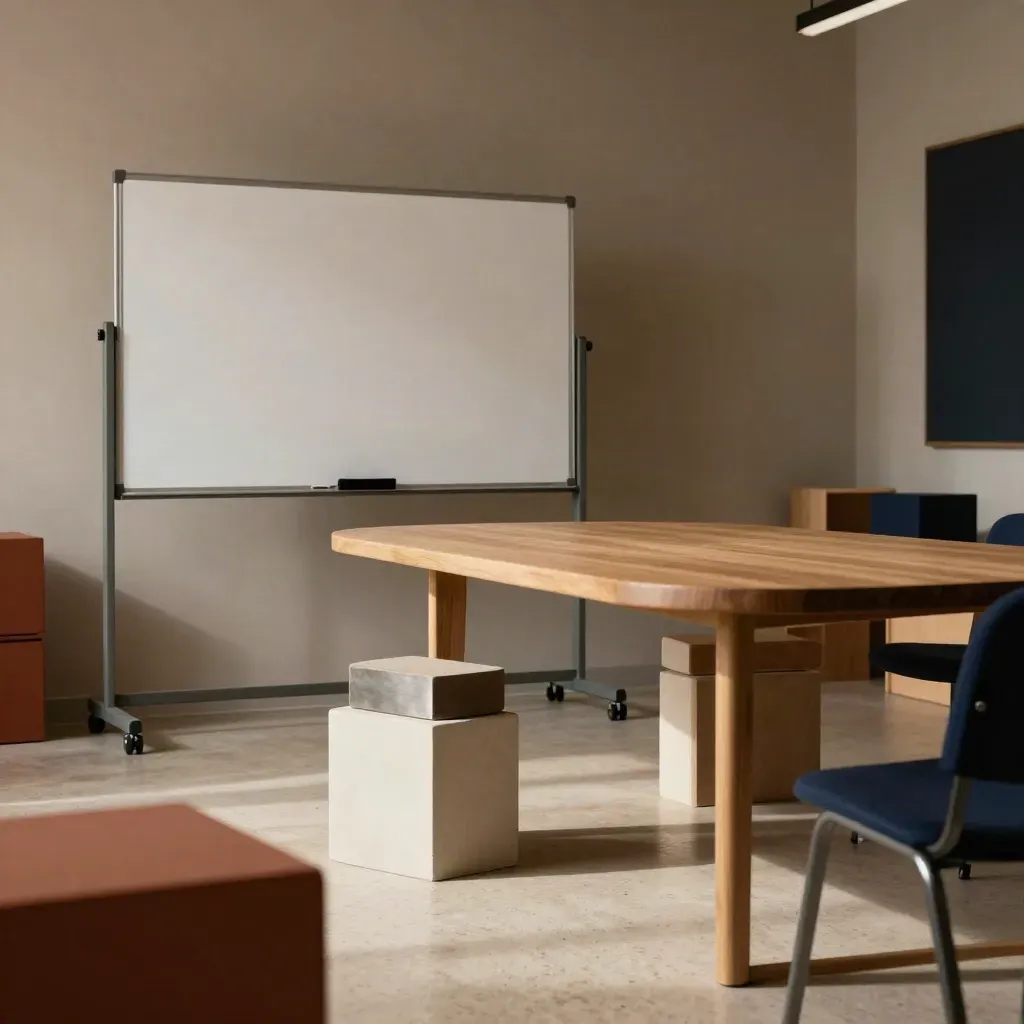 Aula formazione con lavagna mobile di profilo e tavolo ovale, luce calda del pomeriggio.