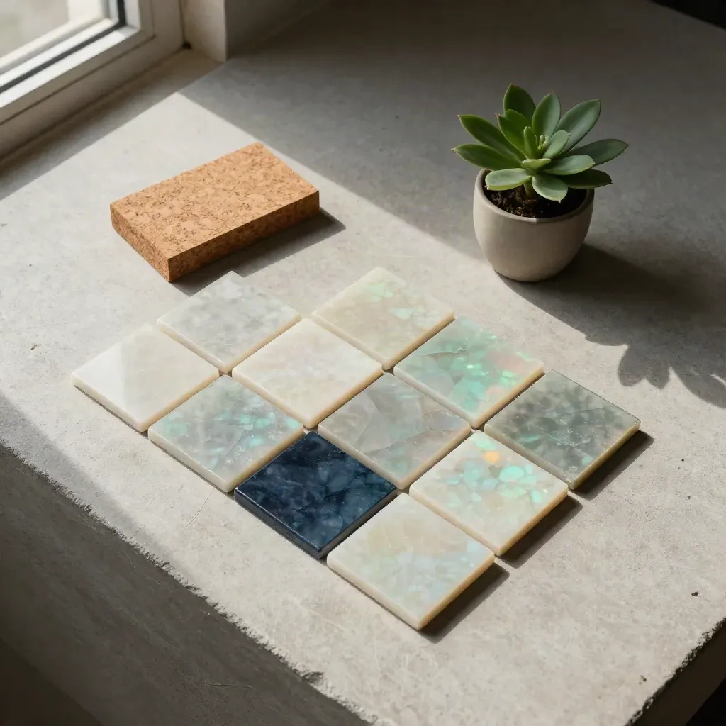 Tessere magnetiche opaline, sughero e una piccola pianta su cemento chiaro.
